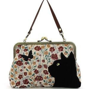 Floral Black Cat Tapestry Kisslock Bag
